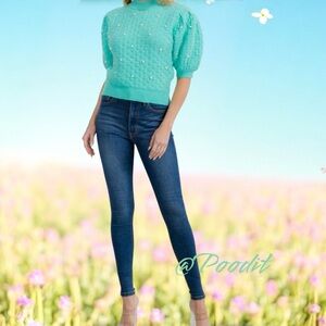 PEACH LOVE CALIFORNIA Short puff sleeve pearl knit top S M L